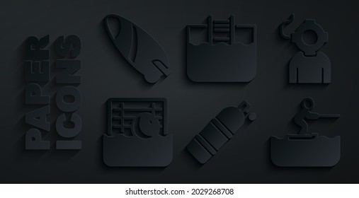 Set Aqualung, Water polo, skiing man, Swimming pool with ladder and Surfboard icon. Vector