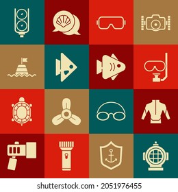 Set Aqualung, Wetsuit, Diving mask and snorkel, Fish, Floating buoy on the sea, Gauge scale and  icon. Vector