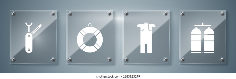 Set Aqualung, Wetsuit for scuba diving, Lifebuoy and Swiss army knife. Square glass panels. Vector
