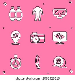 Set Aqualung, Wetsuit for scuba diving, Diving mask, Flippers swimming, Photo camera diver, Stopwatch and knife icon. Vector