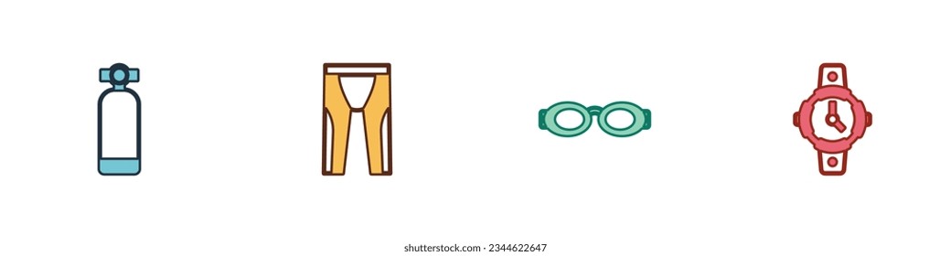 Set Aqualung, Wetsuit for scuba diving, Glasses swimming and Diving watch icon. Vector