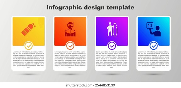 Set Aqualung, Traje de neopreno para buceo, tabla de surf y evaluación de jueces. Plantilla de infografía de negocios. Vector