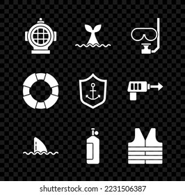 Set Aqualung, Whale tail in ocean wave, Diving mask and snorkel, Shark fin, Life jacket, Lifebuoy and Anchor inside shield icon. Vector
