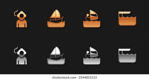 Set Aqualung, Yacht sailboat, Windsurfing and Diving board or springboard icon. Vector