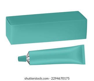 Set of aquamarine green metal tube and box. Realistic mockup. Ointment or salve. Korean packaging. Blank cardboard package