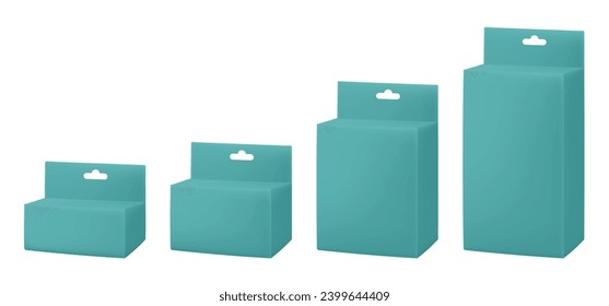 Set of aquamarine green paper packaging boxes with hanging hole. Blank product package mockup	