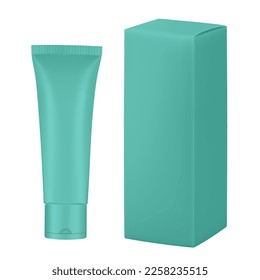 Set of aquamarine green plastic tube and box.  Realistic mockup.  Ointment or salve. Gel serum. Korean packaging. Blank cardboard package