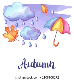 Conjunto de sombrilla aquarelle, nubes y lluvia. Elementos de otoño decorativos de acuarela.