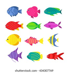 Set of aquarium cartoon fishes. Tropical fish, sea fish collection. Fish icons isolated on white background.