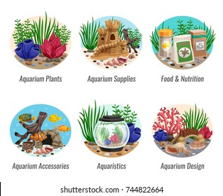 Set of aquarium compositions with colorful plants, fishes, food, shells and caves, design elements isolated vector illustration