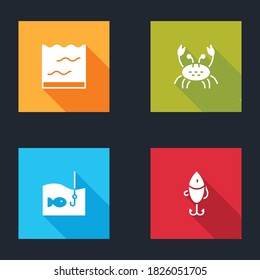 Set Aquarium, Crab, Fishing hook with fish and lure icon. Vector.