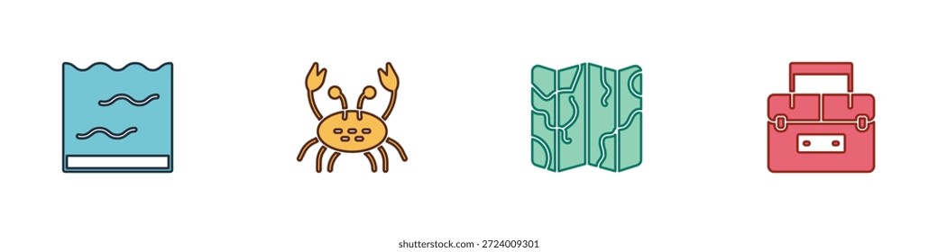 Set Aquarium, Krabbe, gefaltete Karte und Gehäuse-Container für Wobbler-Symbol. Vektorgrafik