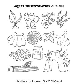 Set of Aquarium elements outline collection with line art style, quarium fish, food, decoration, tank, tools and equipment, Stone, Snail, Stone Banner, Starfish, Sea Shell, flat vector illustration.