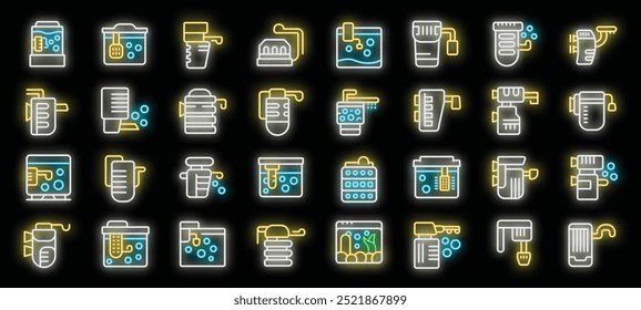 Set of aquarium filter system glowing neon icons on a black background