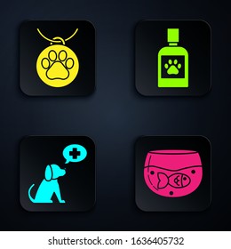 Set Aquarium with fish, Collar with name tag, Veterinary clinic symbol and Dog medicine bottle. Black square button. Vector