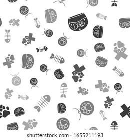 Set Aquarium with fish, Collar with name tag, Veterinary clinic symbol and Fish skeleton on seamless pattern. Vector