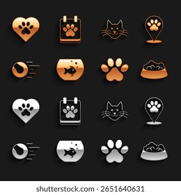 Set Aquarium with fish, Location veterinary hospital, Pet food bowl for or dog, Paw print, toys ball, Cat, Heart animals footprint and Calendar grooming icon. Vector