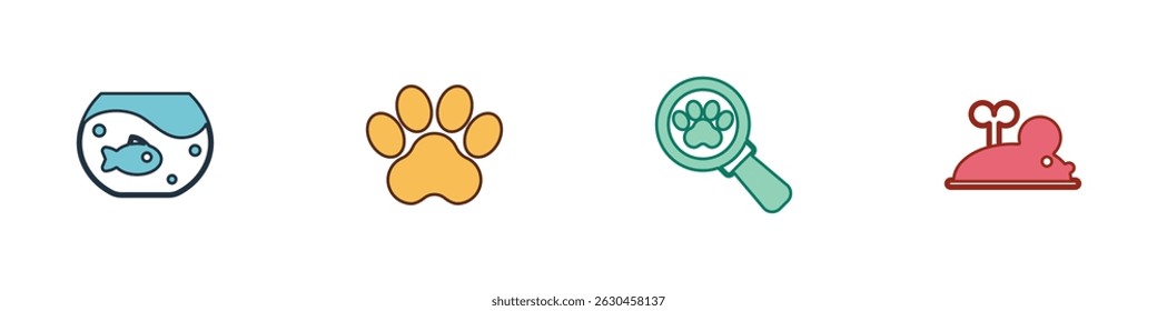 Set Aquarium with fish, Paw print, Veterinary clinic and Clockwork mouse icon. Vector