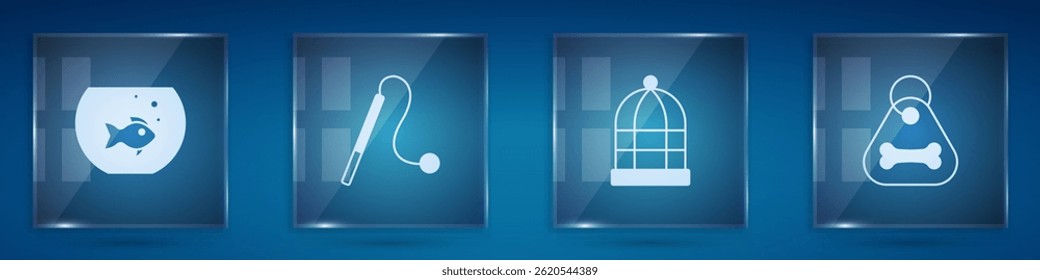 Set Aquarium with fish, Pet cat toy, Cage for birds and Dog collar bone. Square glass panels. Vector