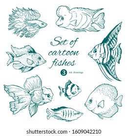 set of aquarium fishes on white. cartoon characters ink drawings