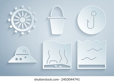 Set Aquarium, Fishing hook, Fisherman hat, bucket and Ship steering wheel icon. Vector