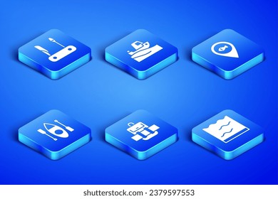 Set Aquarium, Swiss army knife, Hiking backpack, Kayak or canoe, Fishing boat on water and Location fishing icon. Vector