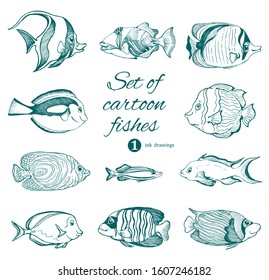 set of aquarium tropical fishes on white. vector ink drawings