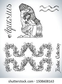 Set with Aquarius zodiac sign and mascot drawing. Collection of astrological symbols in baroque victorian style and characters. Vector hand drawn illustration for Horoscope, Esoteric and Mystic design