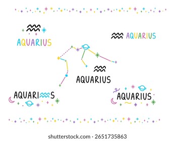 Set of Aquarius zodiac sings. Colorful cartoon constellations and lettering sings. Hand drawn felt-tip pen talisman tattoo, logo, sticker. Isolated element.