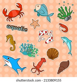 Set of aquatic animal stickers. Shark, shellfish, crab, dolphin, octopus, starfish, and shrimp. Doodle vector illustration.