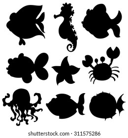 Set of aquatic animals in black illustration