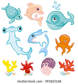 A set of aquatic animals in a cartoon style: sea turtle, white shark, hammerhead, whale, Dolphin, octopus, hermit crab, anemone, coral