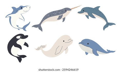 A set of aquatic animals. Ocean aquatic animals. Orca, whale, dolphin, narwhal, shark and beluga. Flat vector set. Cute style