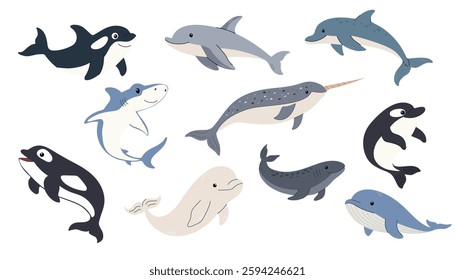 A set of aquatic animals. Ocean aquatic animals. Orca, whale, dolphin, narwhal, shark and beluga. Flat vector set. Cute style