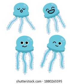 set of Aquatic character set with jellyfish