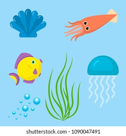 Set aquatic funny sea animals underwater creatures cartoon characters shell aquarium sealife vector illustration.
