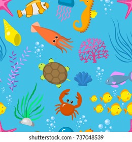Set aquatic funny sea animals vector underwater creatures cartoon characters shell aquarium sealife seamless pattern background .