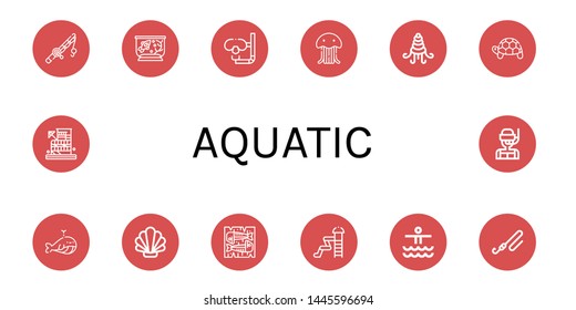 Set of aquatic icons such as Fishing rod, Fish tank, Dive, Jellyfish, Shellfish, Turtle, Whale, Shell, Mackerel, Waterpark , aquatic