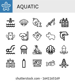 Set of aquatic icons. Such as Starfish, Waterpark, Shell, Dolphin, Fishing rod, Oxygen tank, Frog, Dive, Coral, Hippopotamus, Jellyfish, Squid, Oxygen, Fish tank , aquatic icons