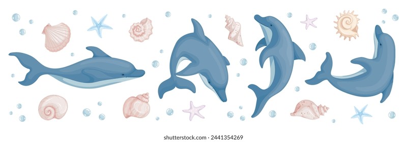 Set of aquatic mammals dolphins with starfish and various shells.Cartoon vector graphics.	