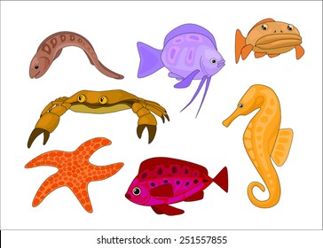 set of aquatic stylized cartoon animals, vector illustration   