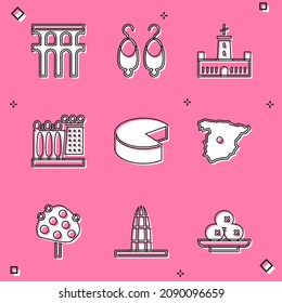 Ubicado en el acueducto de Segovia, Earrings, Castillo Montjuic, Museo Dalí, Queso, Mapa España, Árbol naranja e ícono de la torre Agbar. Vector