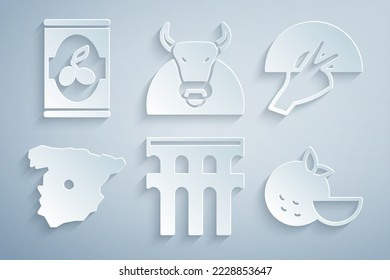 Set Aqueduct of Segovia, Fan flamenco, Map Spain, Orange fruit, Bull and Olives can icon. Vector