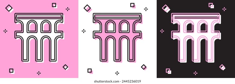 Set Aqueduct of Segovia, Spain icon isolated on pink and white, black background. Roman Aqueduct building. National symbol of Spain.  Vector svg