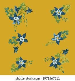 Set with aquilegia bouquets. Floral arrangements in small garden flowers of columbine. Use for textile design, wallpaper, covers, surface, print, gift wrap, scrapbooking, decoupage.