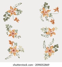 Set with aquilegia bouquets. Floral arrangements in small garden flowers of columbine. Use for textile design, wallpaper, covers, surface, print, gift wrap, scrapbooking, decoupage.