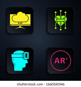 Set Ar, augmented reality, Computer monitor screen, Virtual reality glasses and Processor. Black square button. Vector