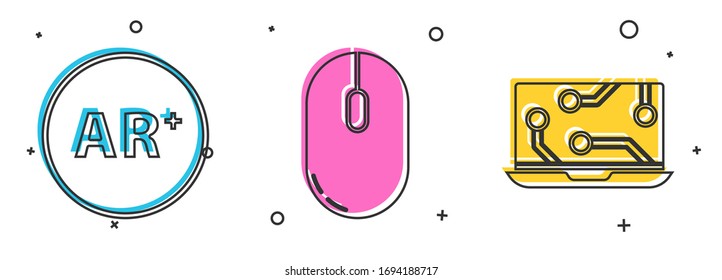 Set Ar, augmented reality, Computer mouse and Laptop icon. Vector