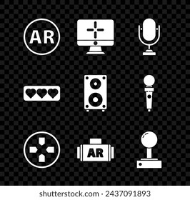 Set Ar, augmented reality, Computer monitor, Microphone, Gamepad, Joystick for arcade machine, Like and heart and Stereo speaker icon. Vector