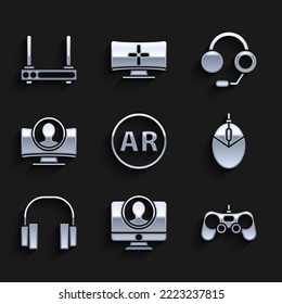 Set Ar, augmented reality, Create account screen, Gamepad, Computer mouse gaming, Headphones,  and Router and wi-fi signal icon. Vector